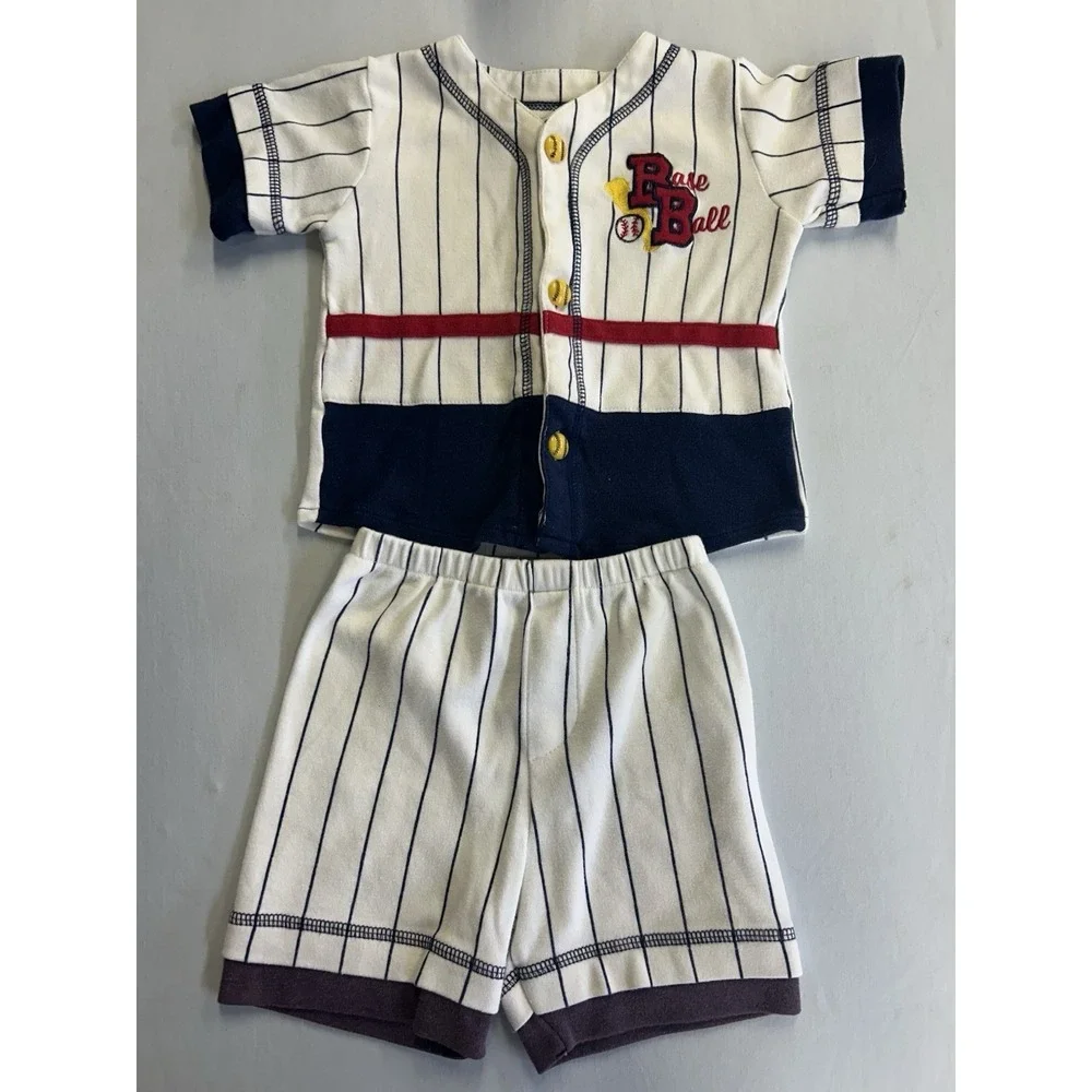 Vintage Y2K Baby Baseball Uniform 2 Pc Outfit Set Pinstripe Jersey Shorts 18M