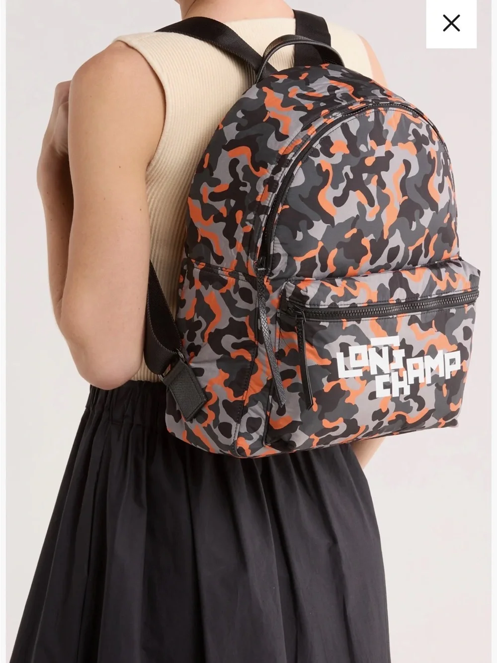 Longchamp Camouflage Backpack in Black, Gray & Orange