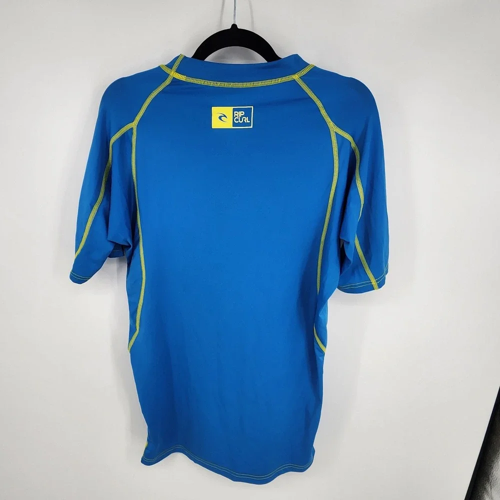 Rip Curl Mens Rash Guard Shirt Blue Yellow Logo UPF‎ 50 Short Sleeve XL