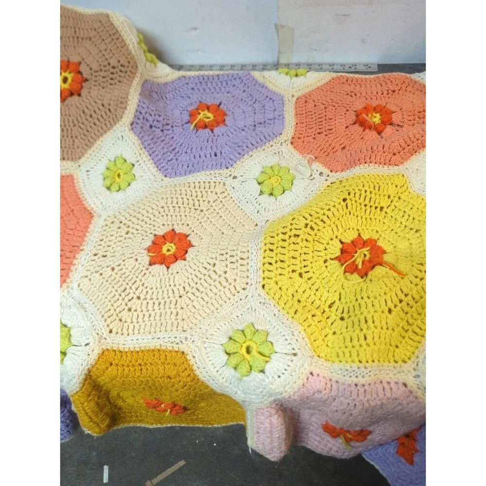 Vintage 6' X 4' Crochet Knit Afghan Blanket Throw White Colorful Granny Square