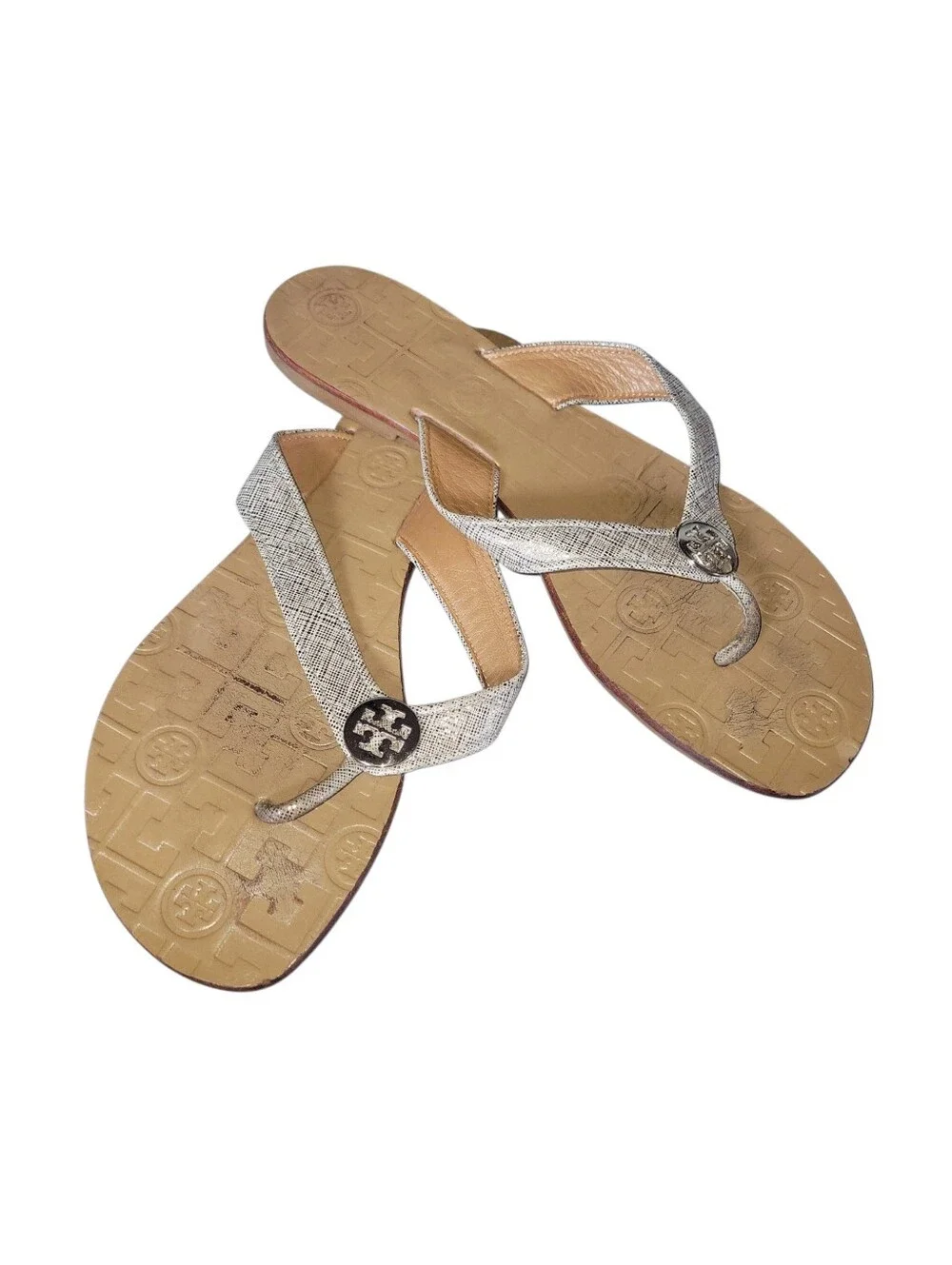 Tory Burch Thora  Metallic Silver Straps Leather W/Gold Logo Thong Sandals 8M