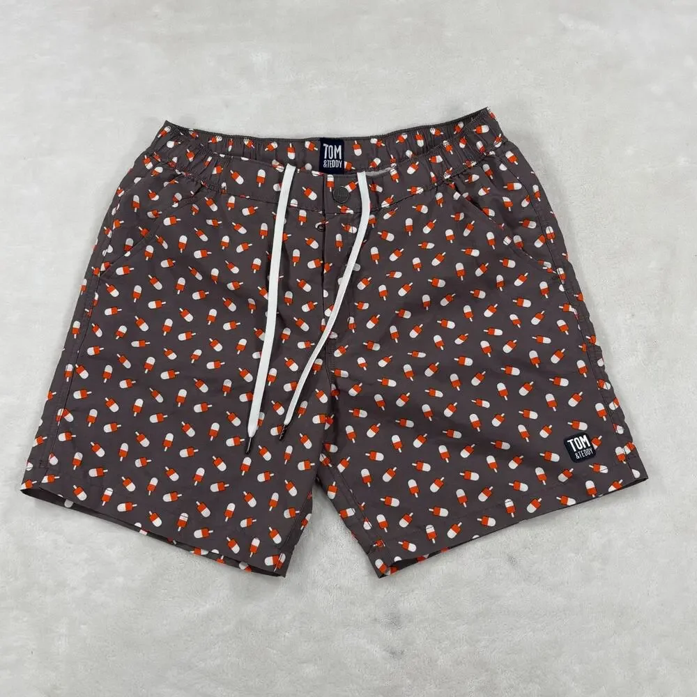 Tom & Teddy Mens Swim Shorts Grey Orange Popsicle Print Drawstring Mesh Lined M