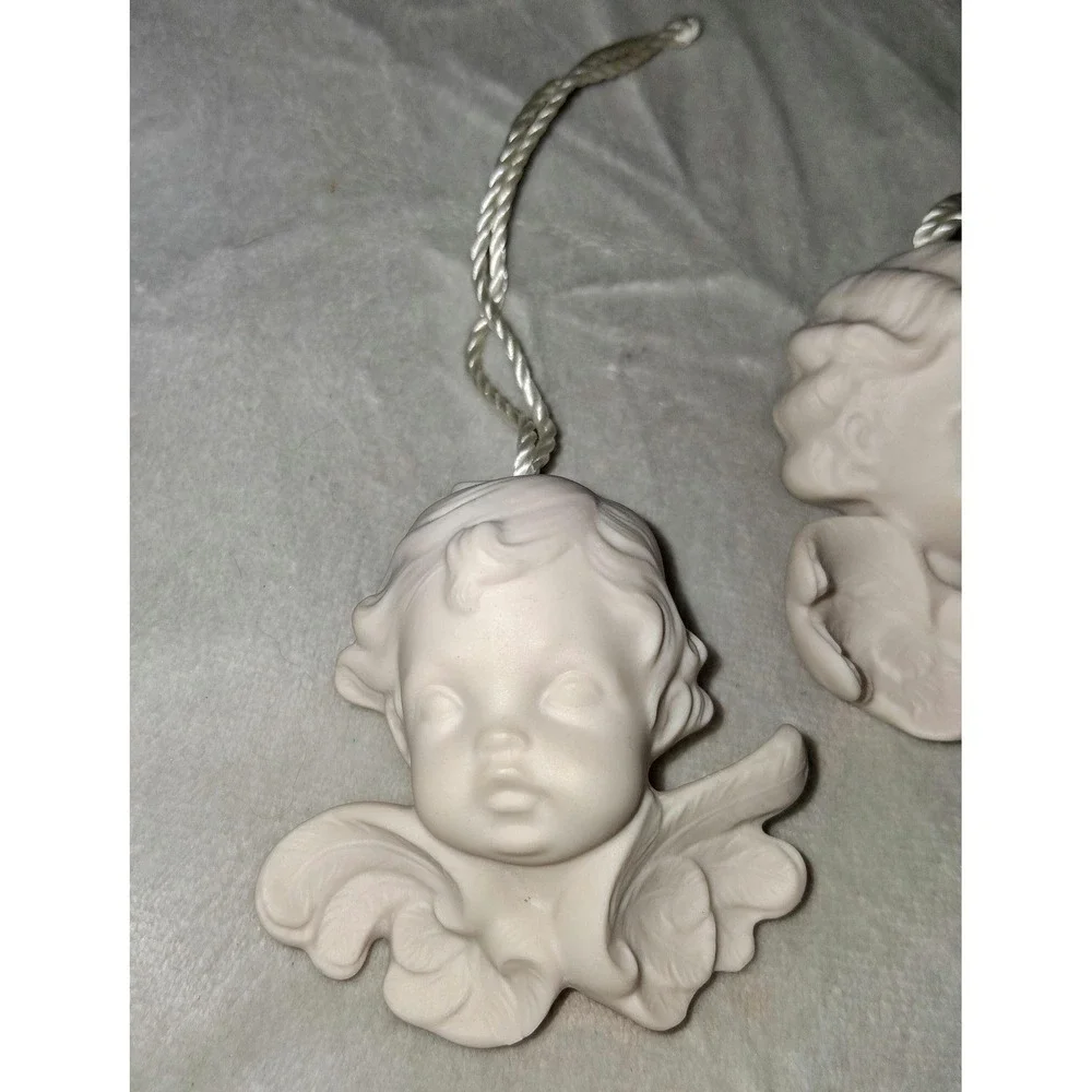 Pair of White Porcelain Angel Ornaments | Cherub Head Hanging Decor