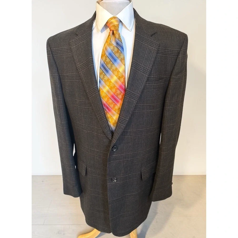 Jos A Bank Brown Glen‎ Plaid 100% Wool Sport Coat Jacket Blazer Sz 46XL Flannel