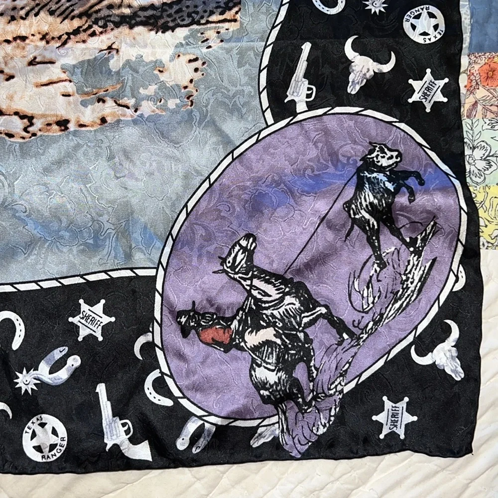 C.M. Russell large western cowboy silk scarf horse equine 34” square hand rolled