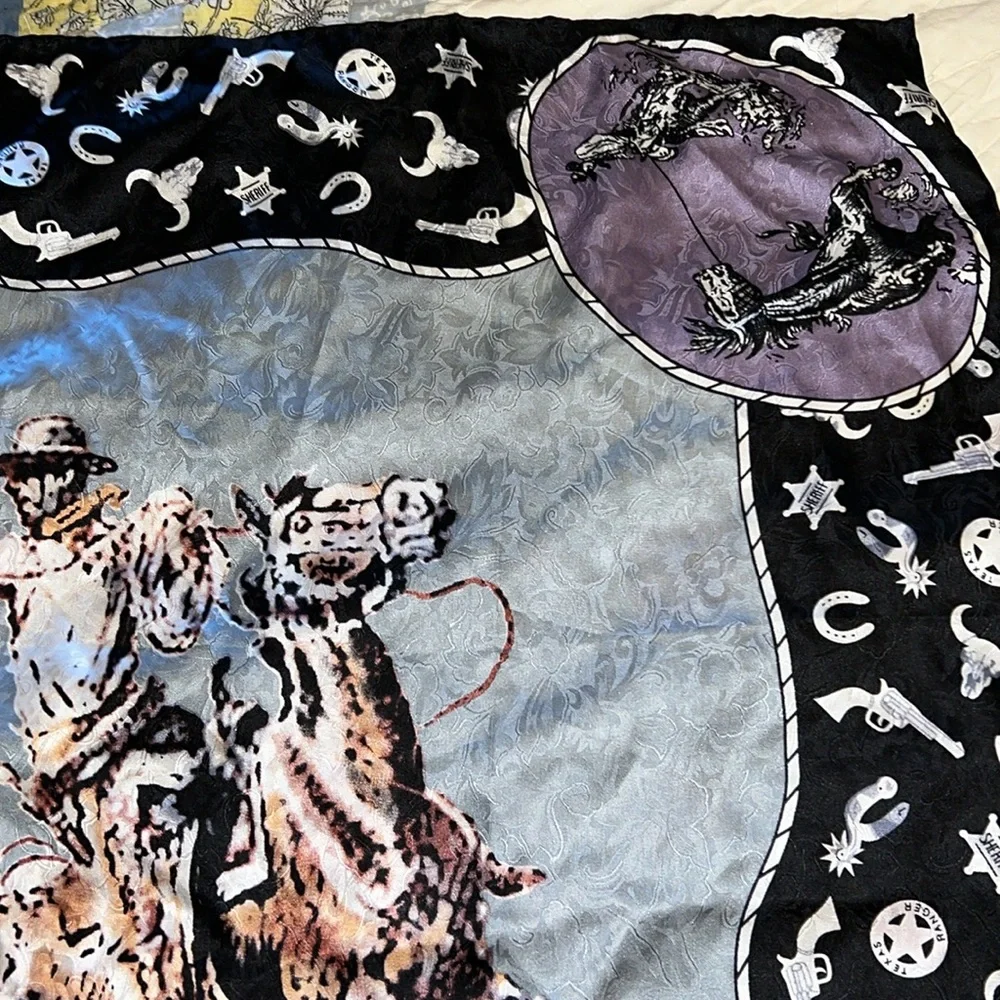 C.M. Russell large western cowboy silk scarf horse equine 34” square hand rolled