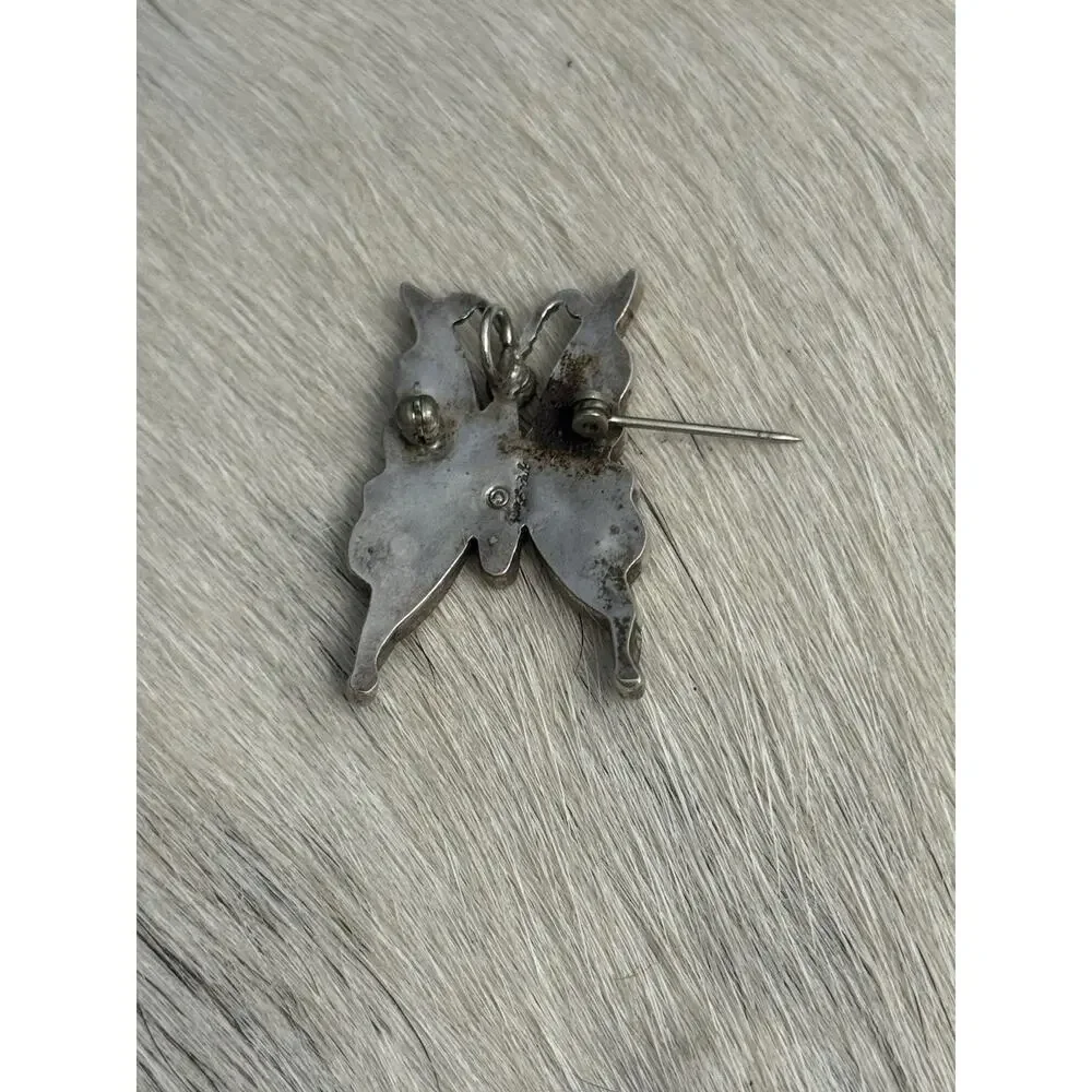 Zuni Sterling Silver VE inlay Butterfly Pendant Pin Turquoise Coral Shell Onyx