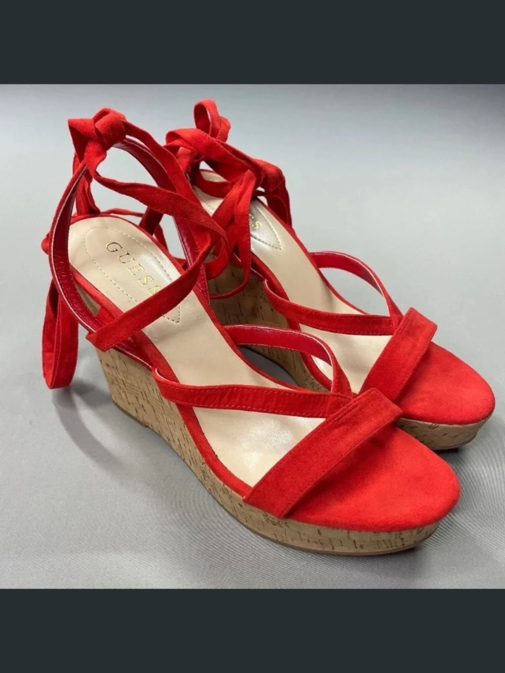 NEW Guess Shoes Womens 9.5 red brown Treacy faux suede cork wedge heels summer