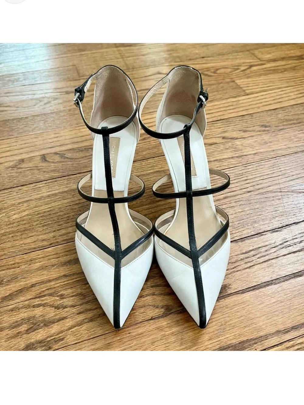 Michael Kors 39 Elegant Two-Tone White and Black Pointed T-Strap Women's Heels