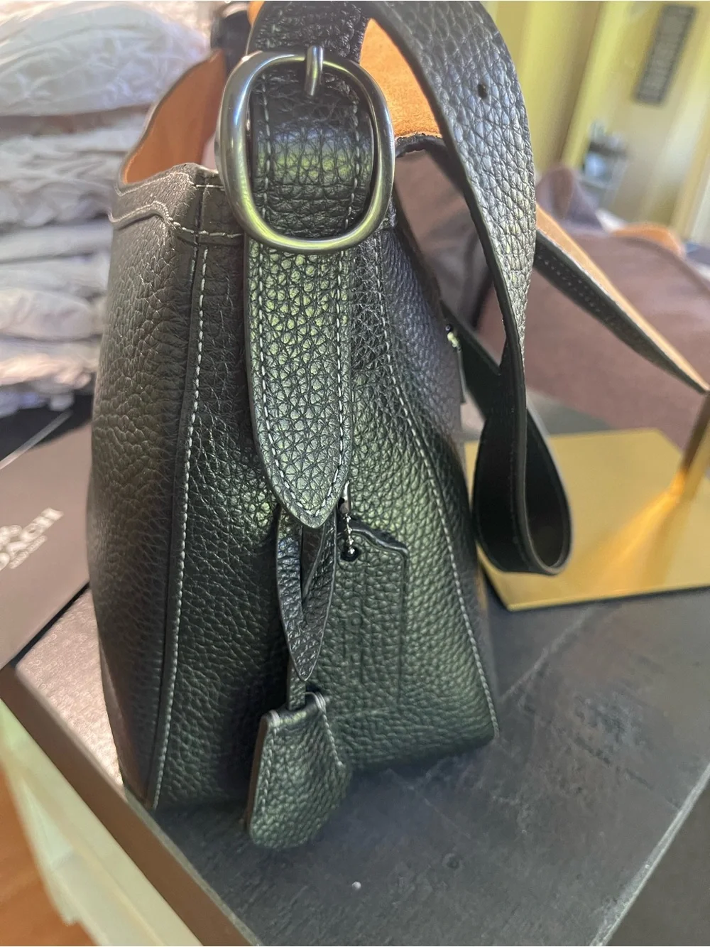 Coach Large Etta Flap Black Pebbled Leather Messenger Bag