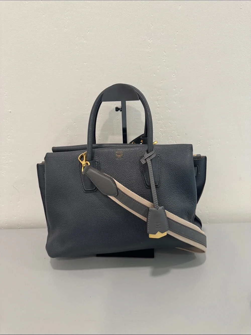 MCM Dark Gray Leather Satchel with Contrast Strap