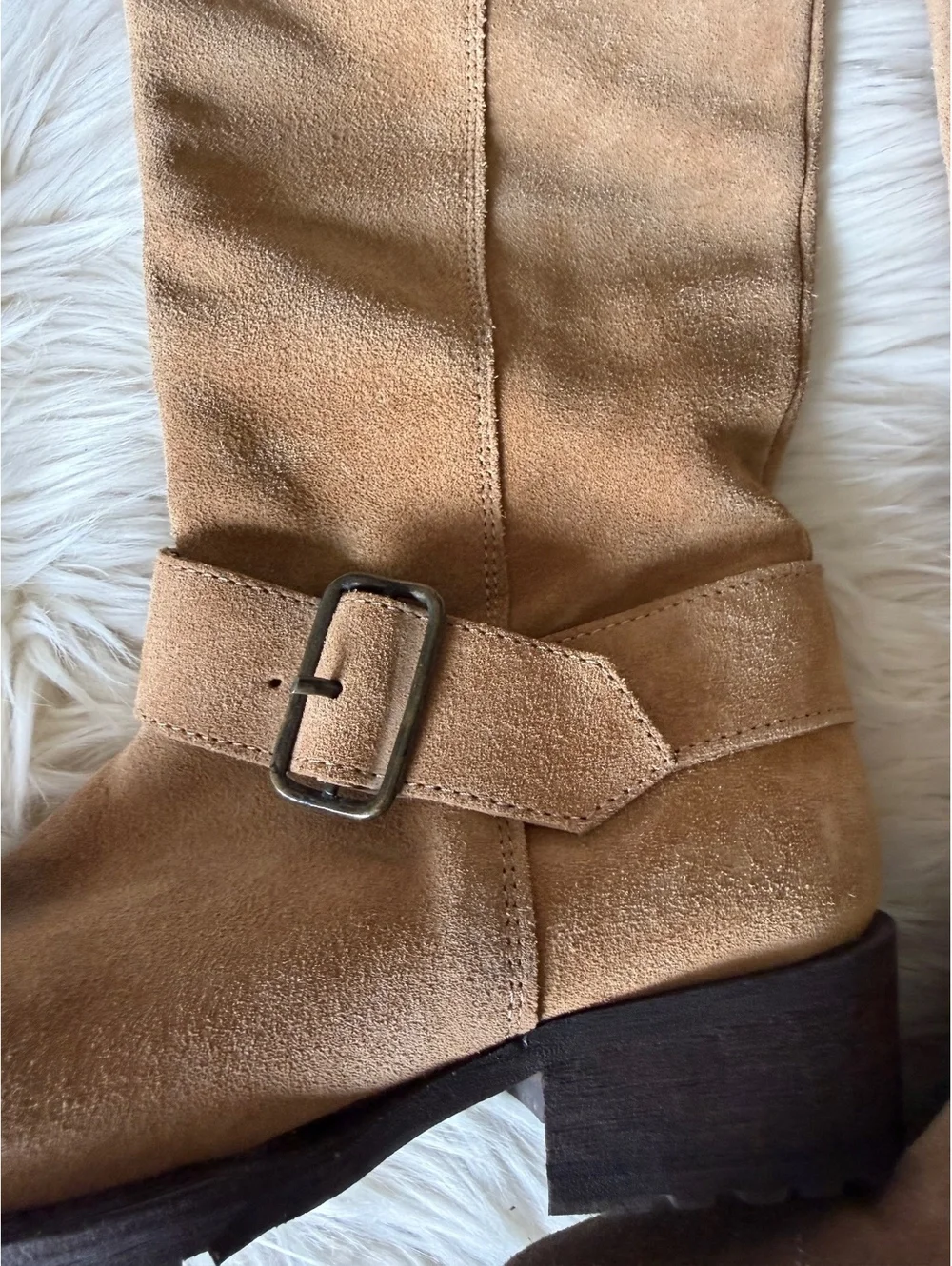 Sundance Tan Suede Knee High Boots with Buckle Detail