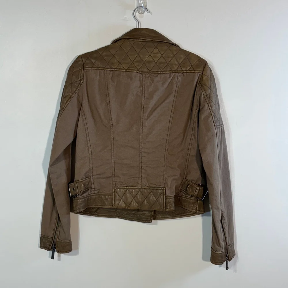 Michael Kors Brown Leather Cotton Moto Jacket Women’s Medium Zippers Pockets