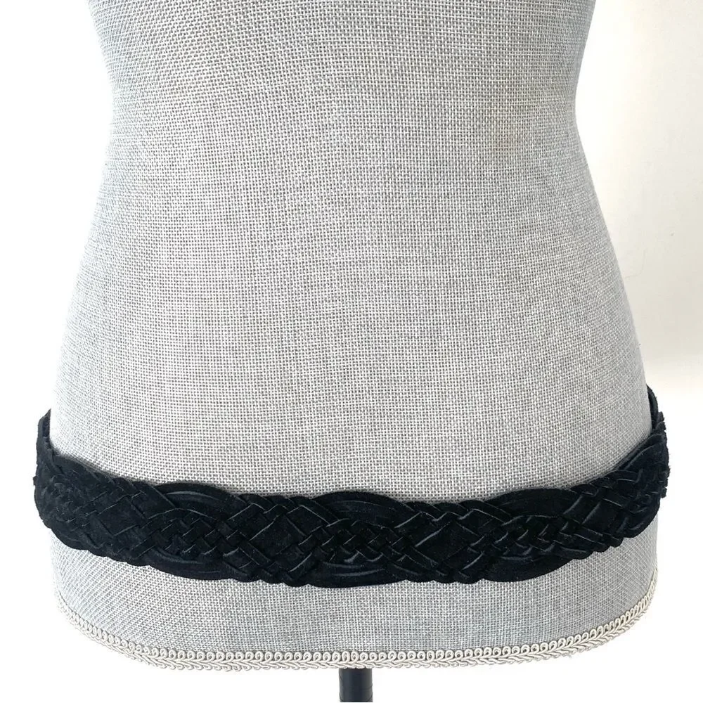 Elegant Black Suede Leather Woven Belt with Silver Buckle Sz L 40” W Boho Chic