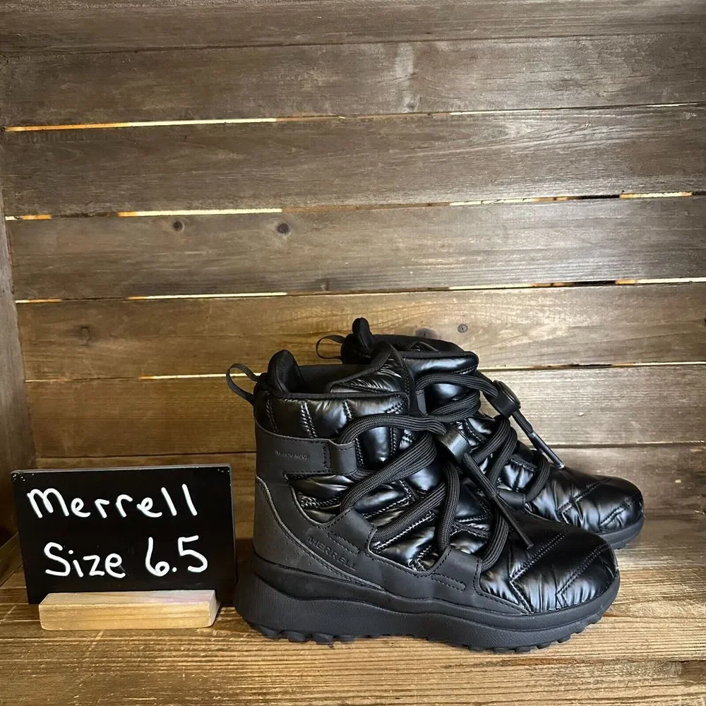 New NWOB Womens Merrell Cloud Puff Black Waterproof Winter Snow Boots Size 6.5 M
