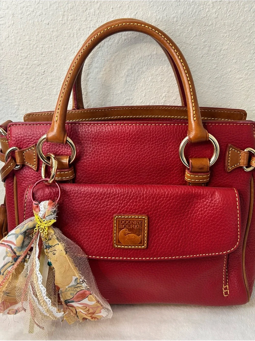 Dooney & Bourke Medium Pocket Satchel Cranberry Gold Hardware Pebbled Leather