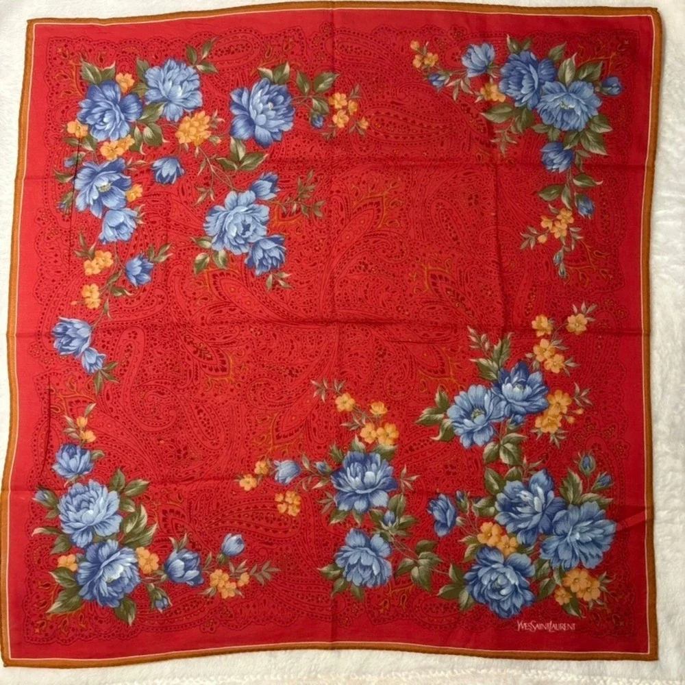 Vtg YVES SAINT LAURENT Scarf Handkerchief Floral Paisley Red Blue Yellow 18.5