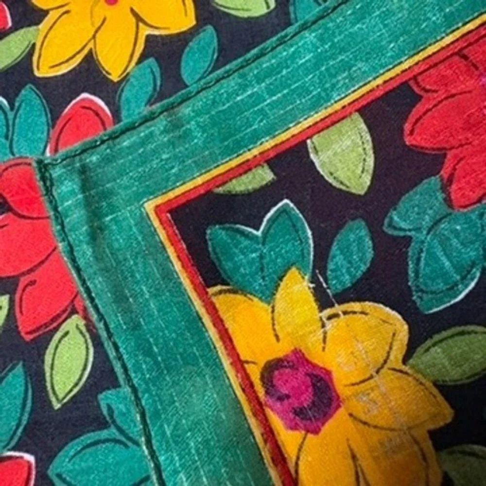 Vtg GIVENCHY Scarf Handkerchief Floral Black Green Red Yellow 18.5
