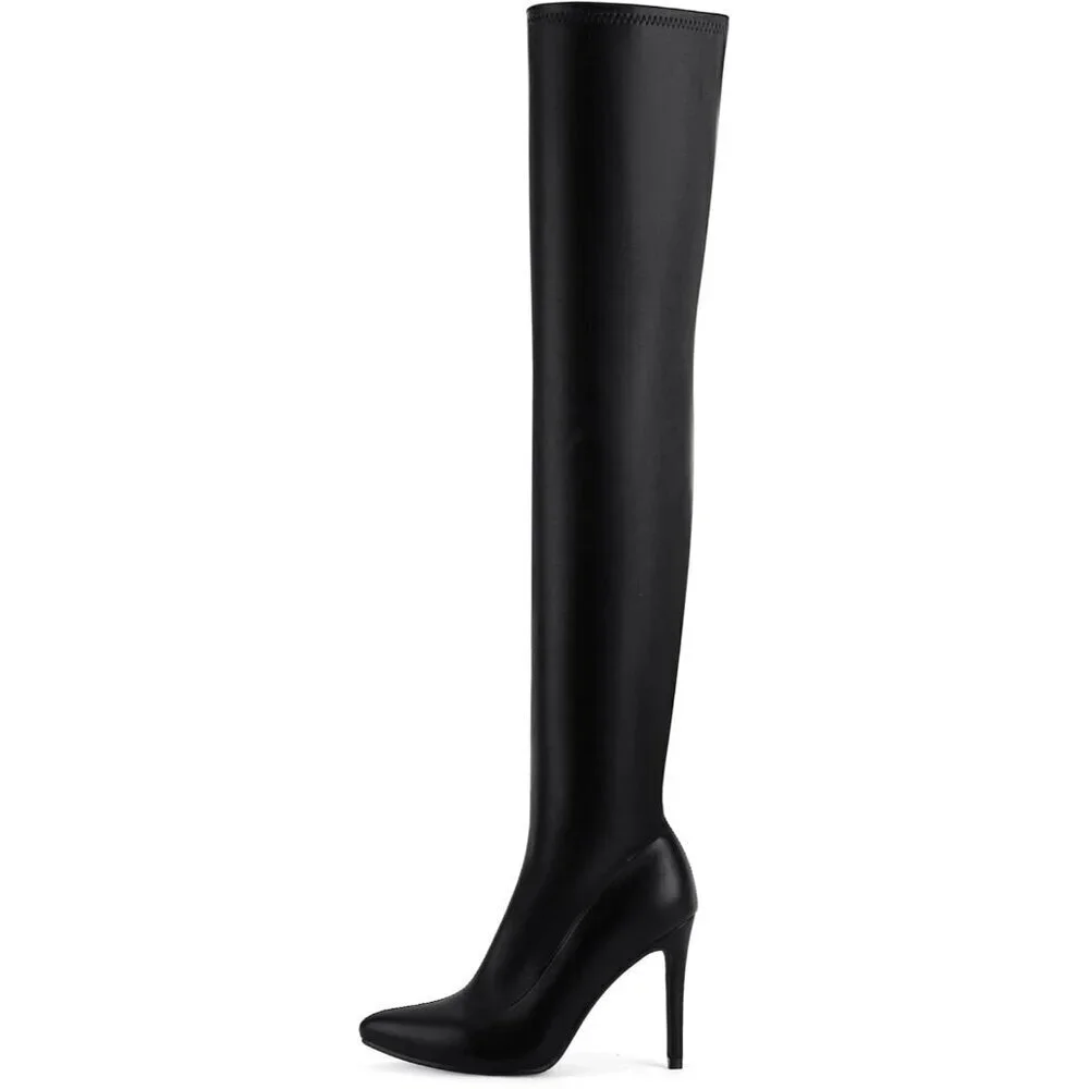 Women Pu Black Polyurethane Over The Knee High Stretchy Leather Thigh High Boots