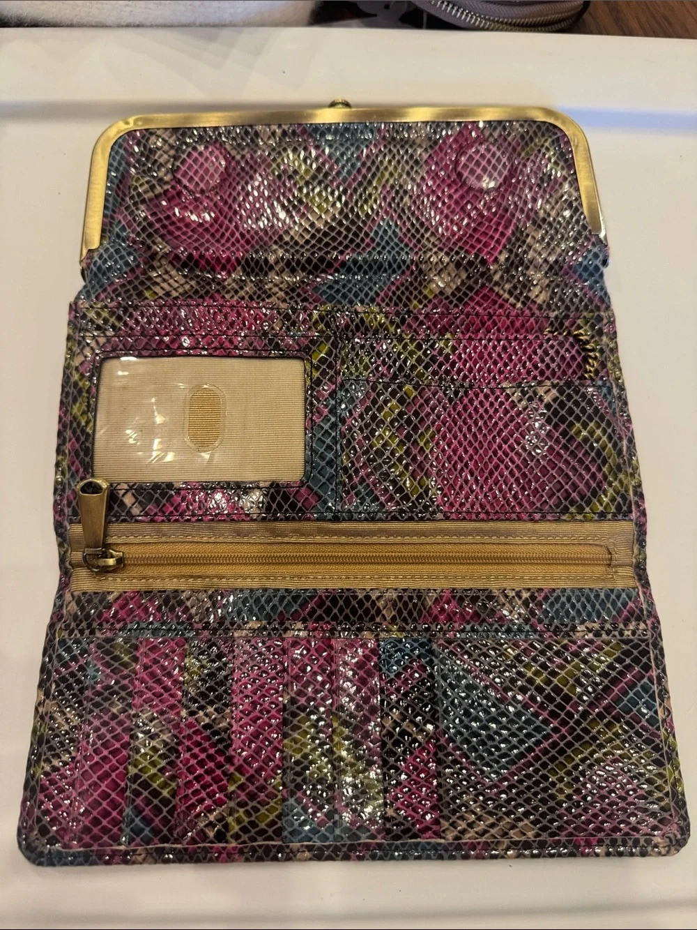 HOBO Pink and Brown Snake-Print Wallet with Gold Trim