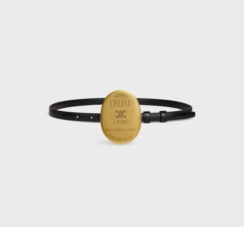CELINE Maison Belt 13mm Taurillon Leather Black Gold Buckle Size 85 NIB Rare