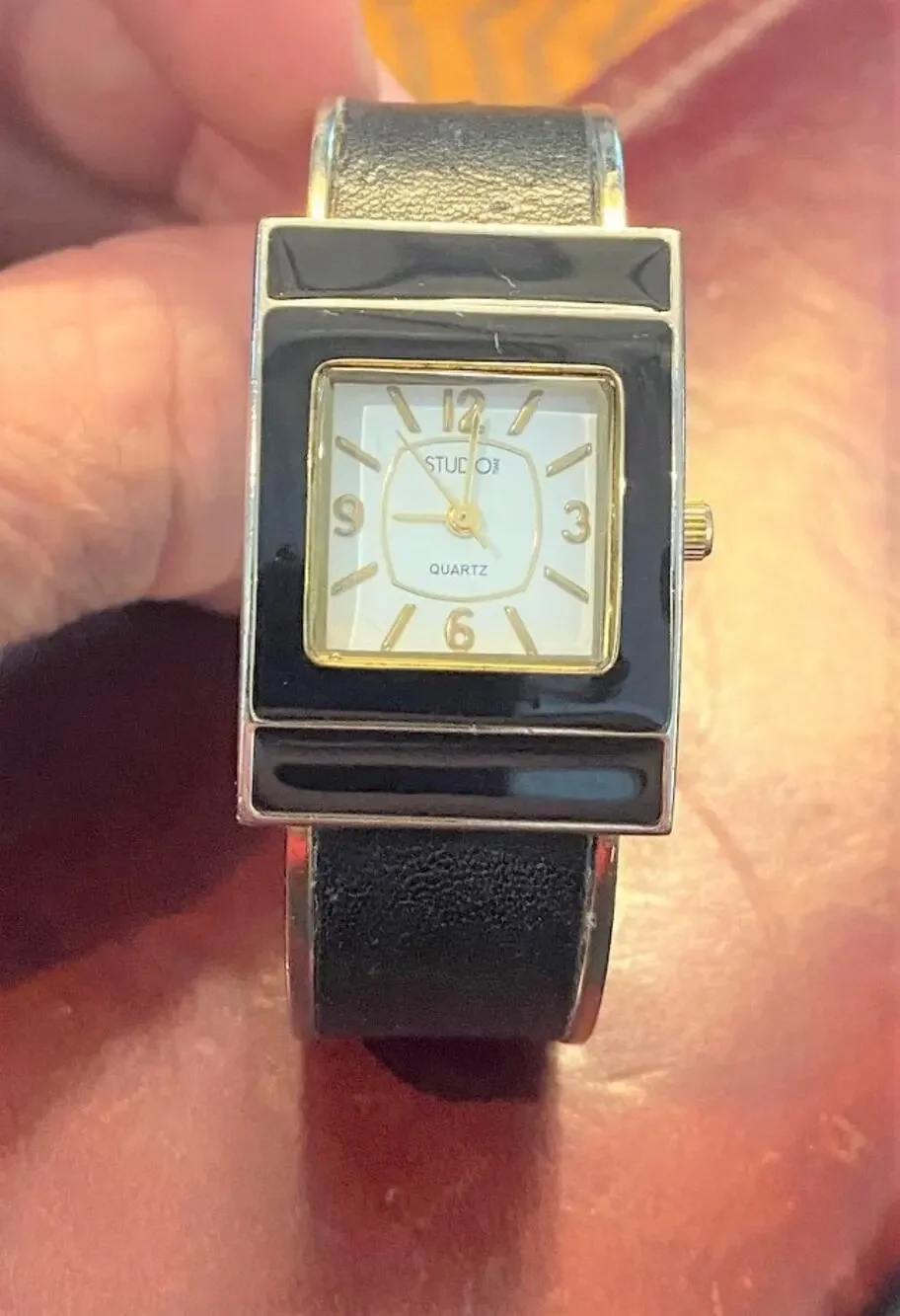 Women's Studio Time Watch, Gold Tone Bangle Bracelet, Black Case