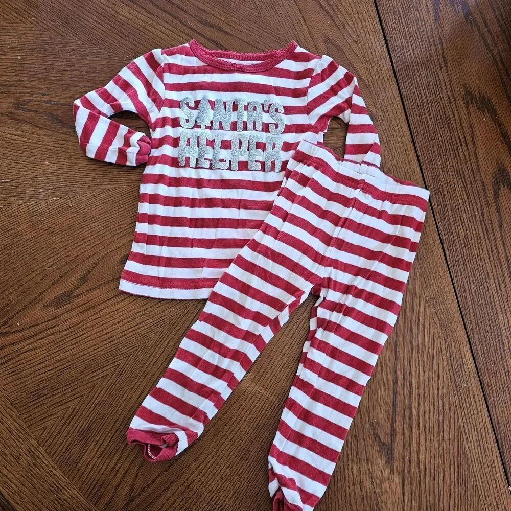Carters Christmas Pajamas 12m Snug Fit Santa's Helper Red Holiday 2‎ piece