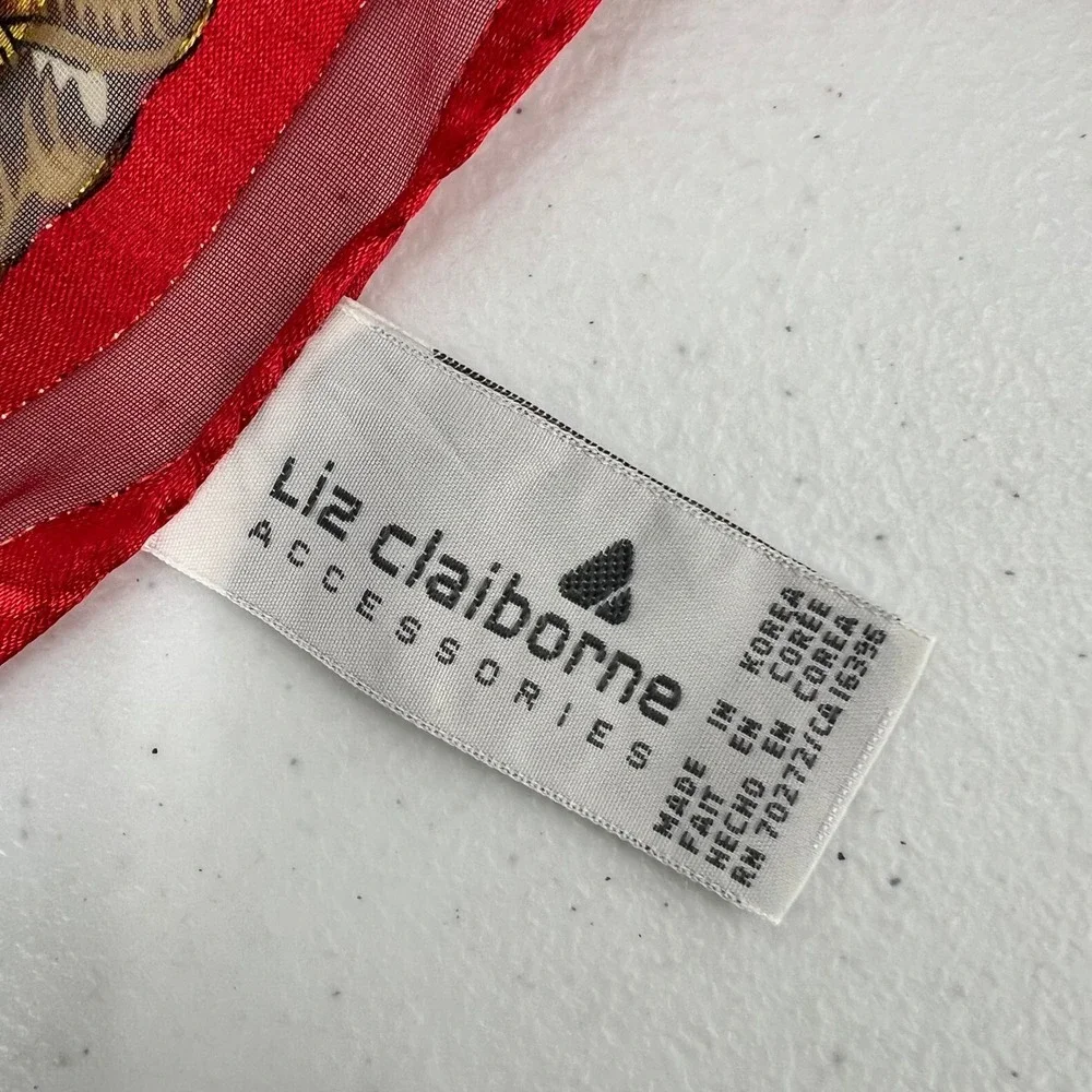Vintage Liz Claiborne Scarf Sheer Stripe Red Gold Skeleton‎ Keys Script Baroque