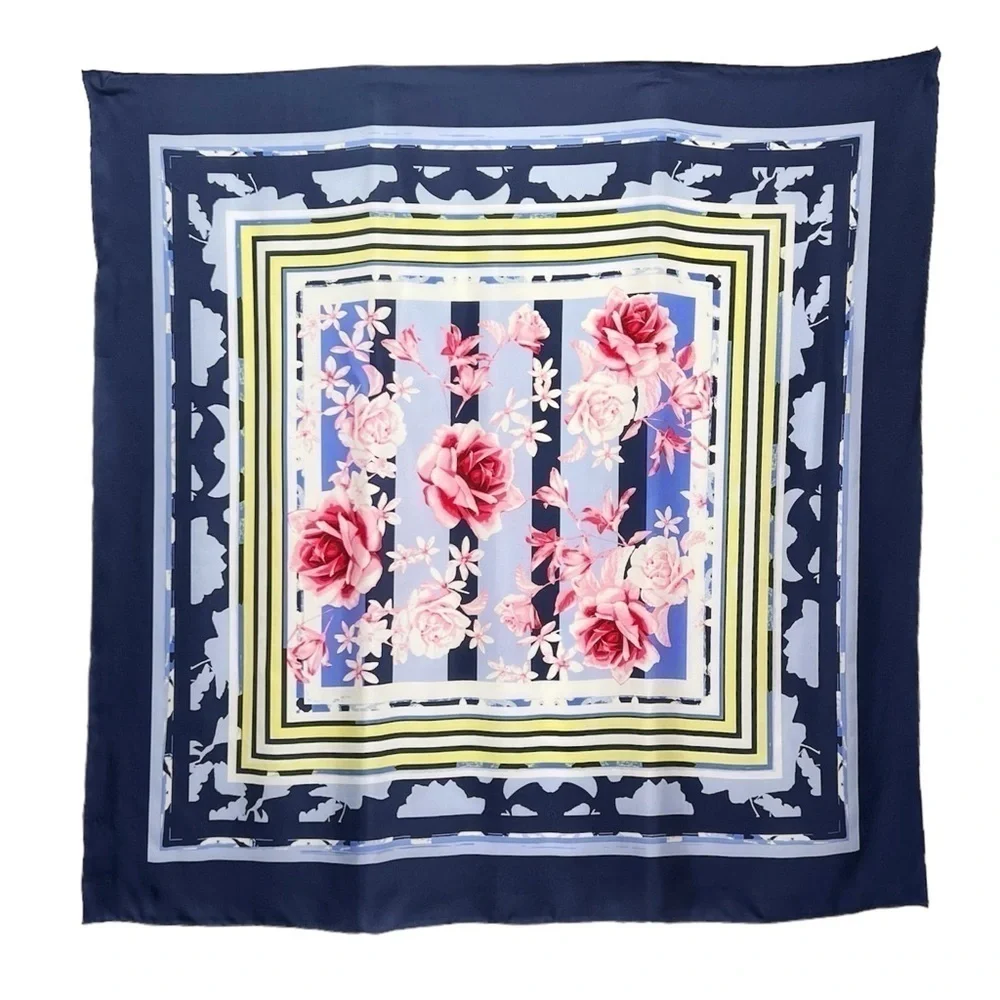 Hand Rolled Silk Scarf Stripes Roses Floral Blue Pink Yellow 34.5” Square EUC