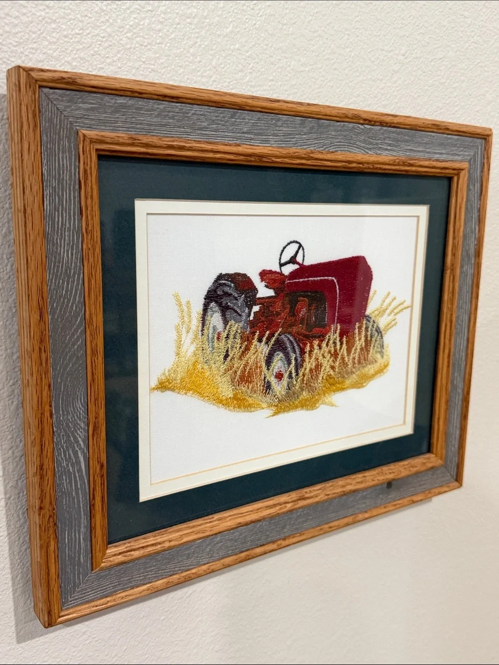 Vtg Needlepoint Embroidered Red Tractor Crewel Barn wood Frame Wall Hanging