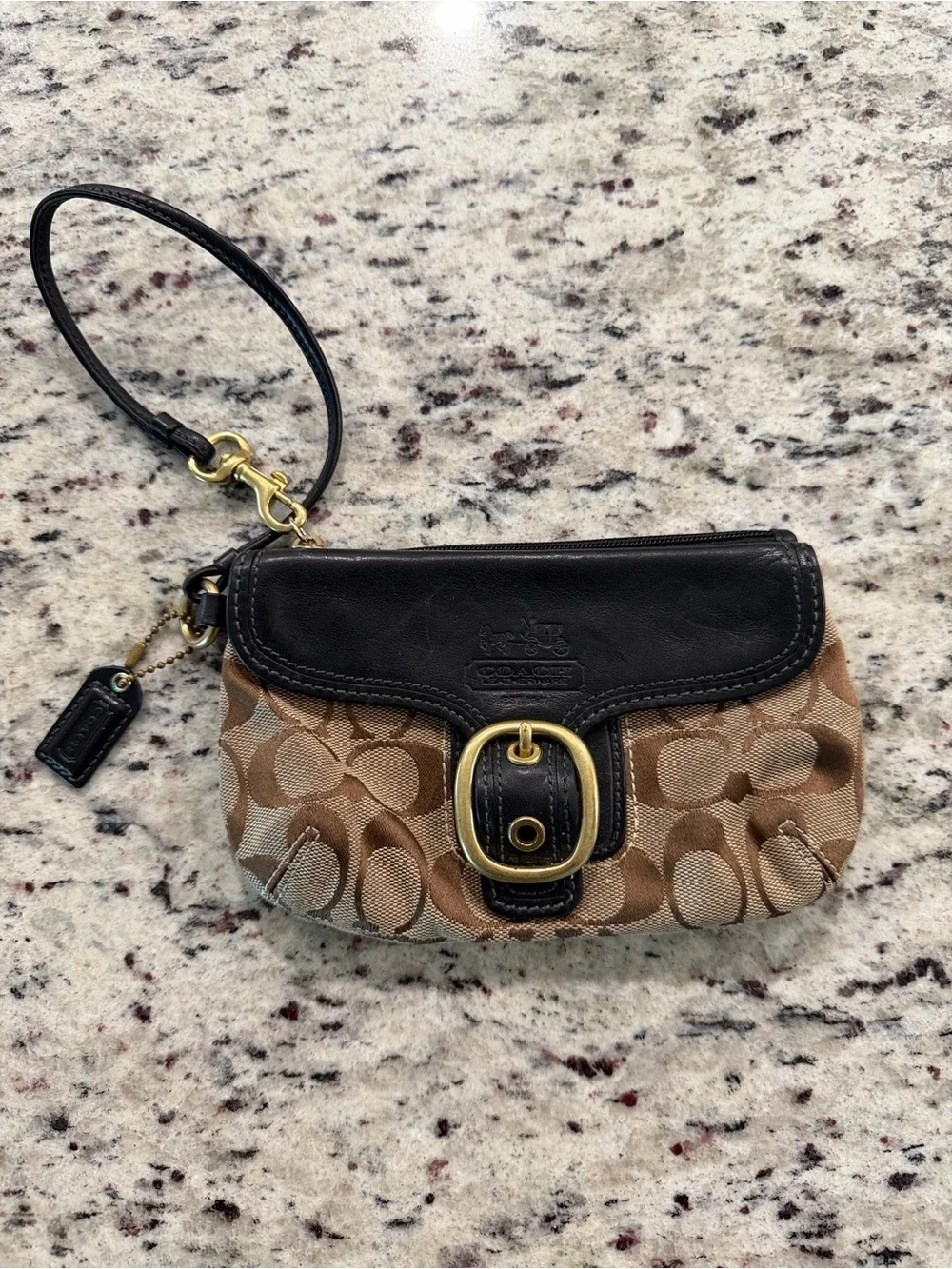 Y2K Coach Khaki Signature Canvas Wristlet with Black Leather Trim