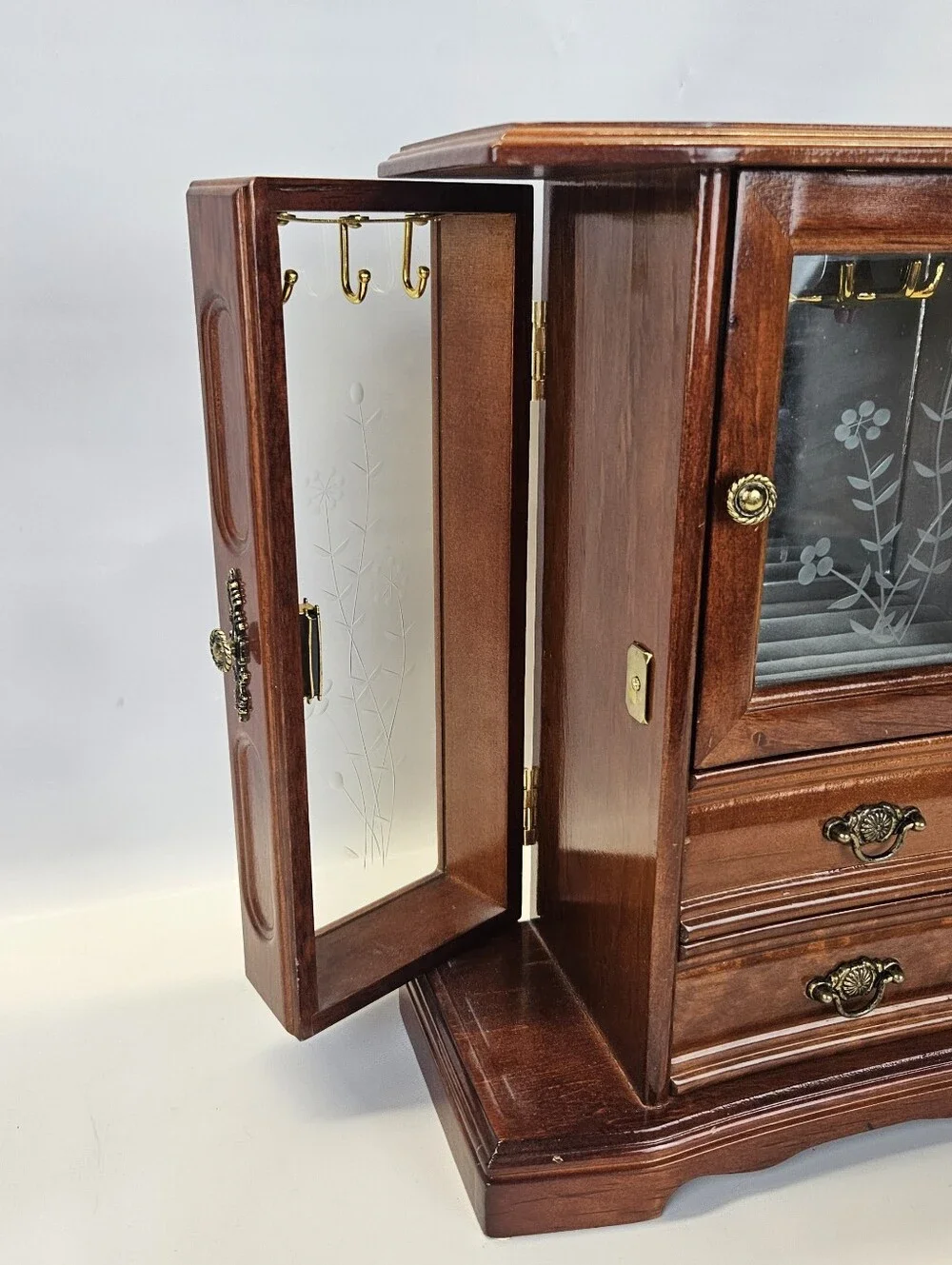 Vintage Wooden Jewelry Armoire Box 2 Drawers Ring Etched Glass Doors Felt Lined