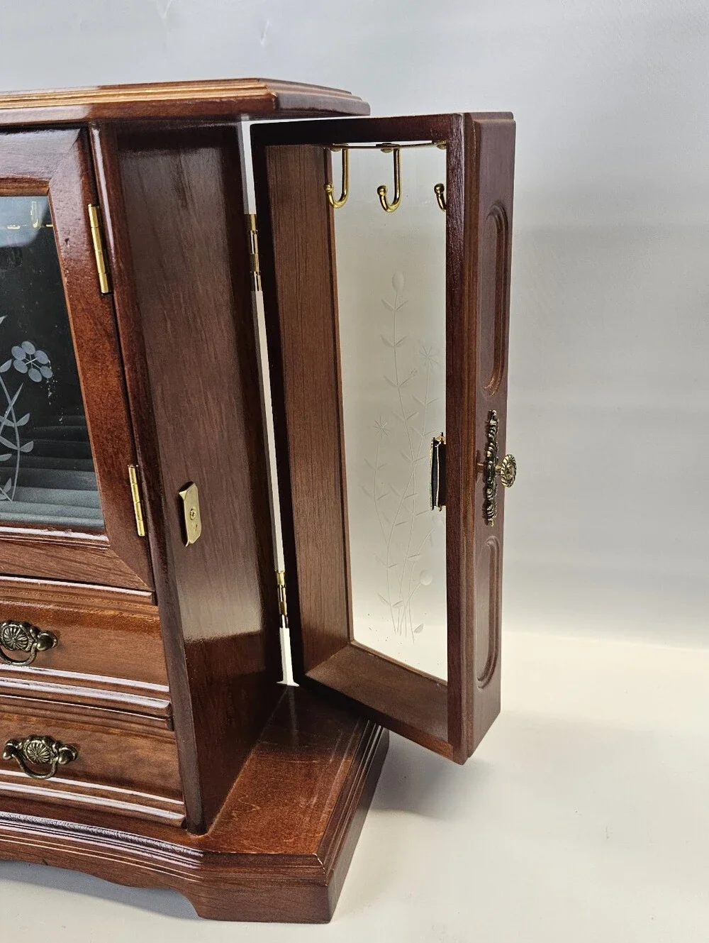 Vintage Wooden Jewelry Armoire Box 2 Drawers Ring Etched Glass Doors Felt Lined