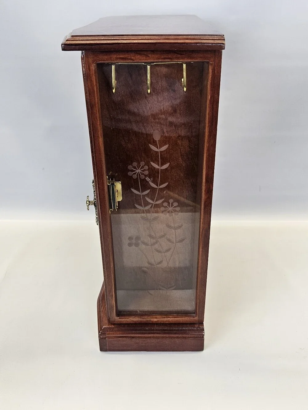 Vintage Wooden Jewelry Armoire Box 2 Drawers Ring Etched Glass Doors Felt Lined