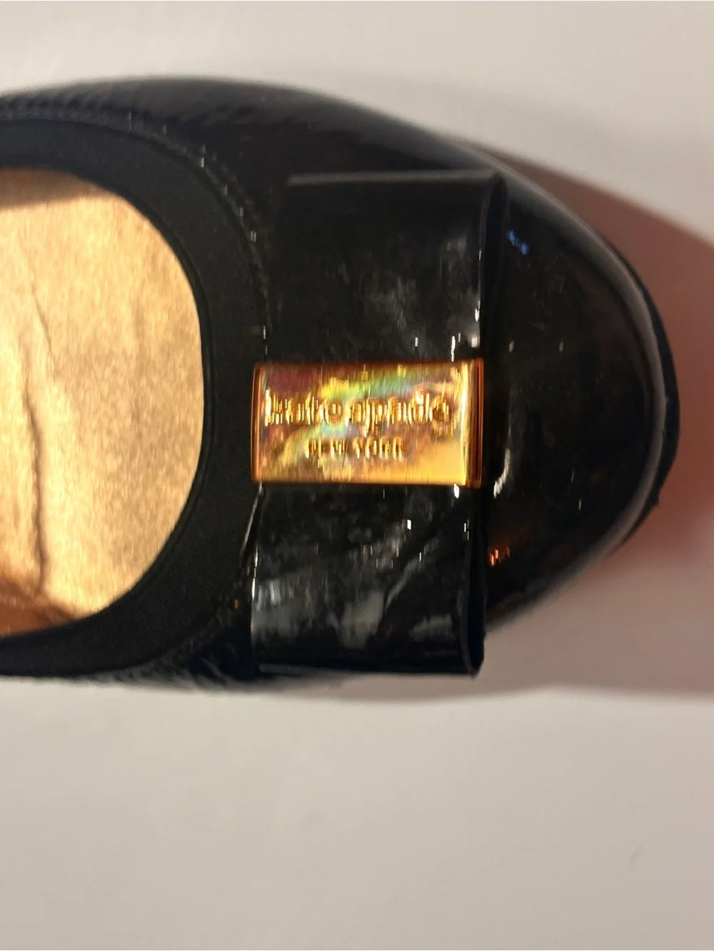 kate spade Black Patent Leather Bow Flats with Gold Plaque