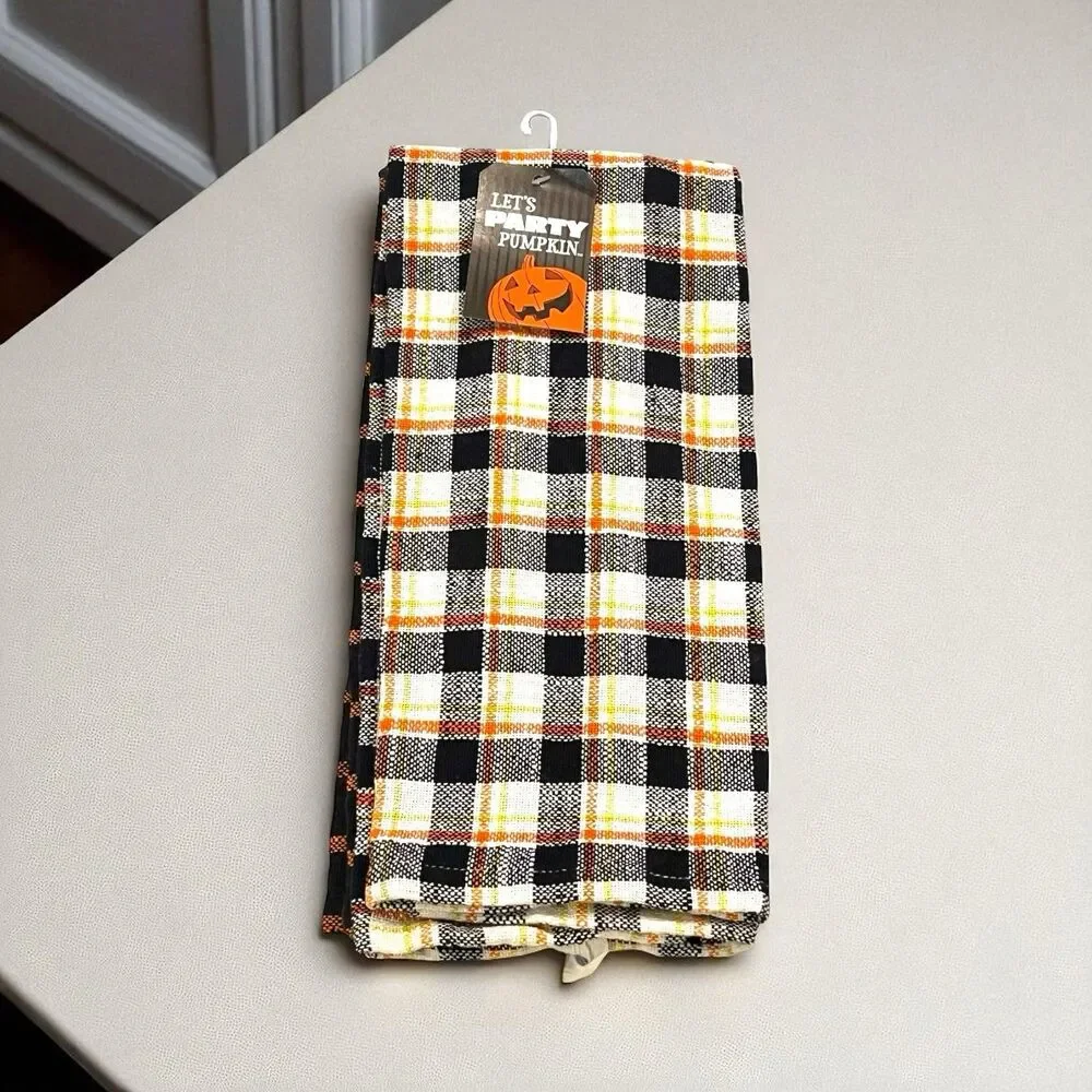 Let’s Party Pumpkin Halloween Kitchen Tea Towels (2) Black White Orange Plaid