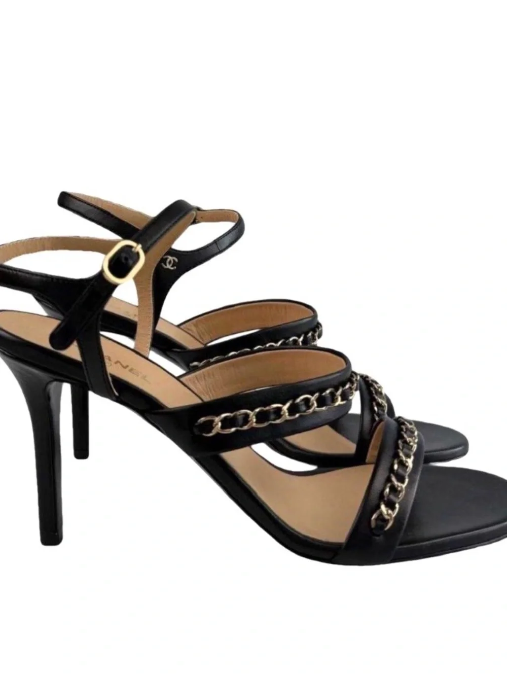CHANEL Black Leather Chain-Trim High Heel Sandals
