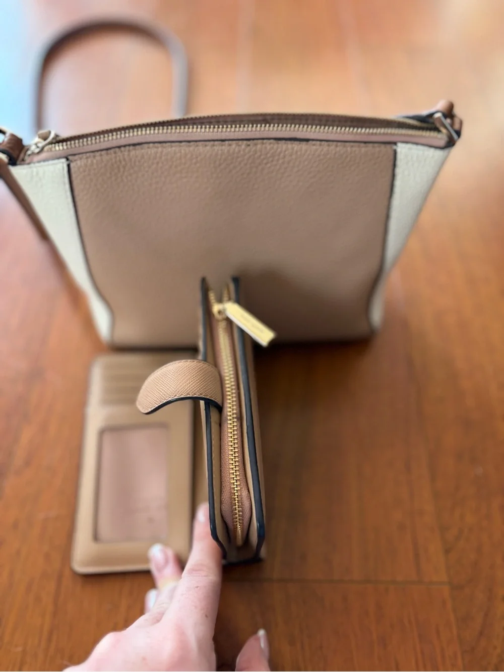 kate spade Taupe and Cream Pebbled Leather Crossbody with Matching Wallet