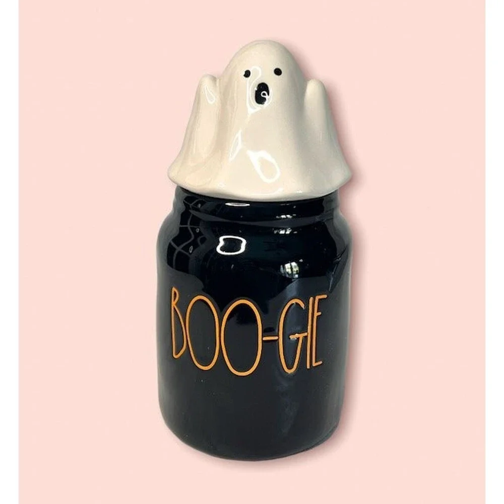Rae Dunn BOO-GIE Halloween Canister With Figural Bougie Ghost Topper Lid NEW