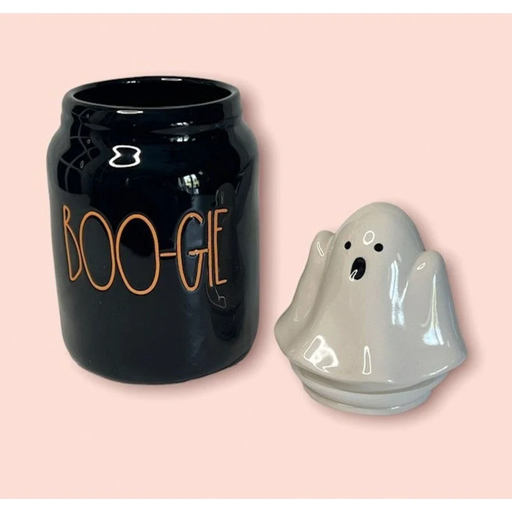 Rae Dunn BOO-GIE Halloween Canister With Figural Bougie Ghost Topper Lid NEW