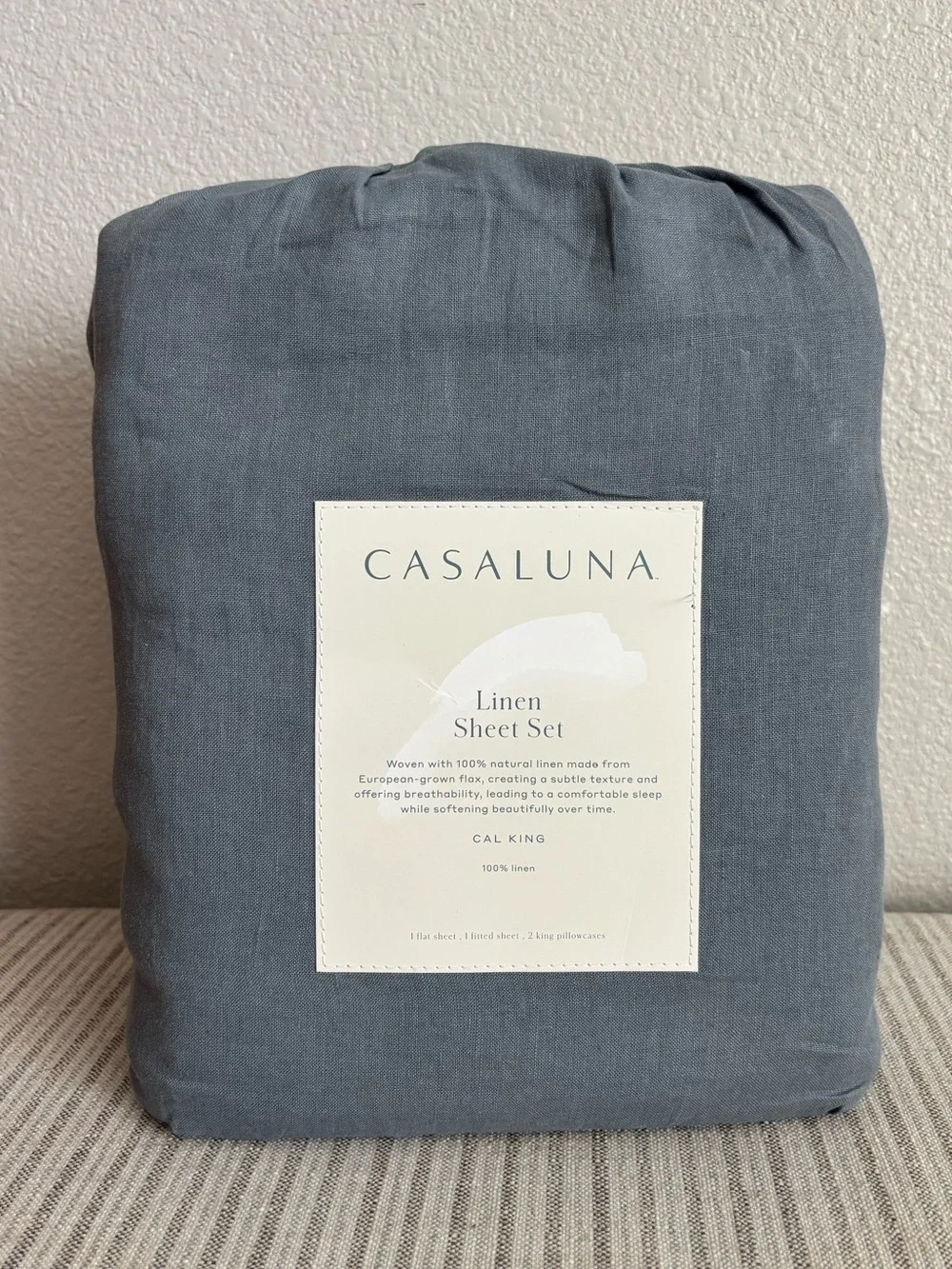 NWT California King 100% Linen Sheet Set Mineral Blue - Casaluna