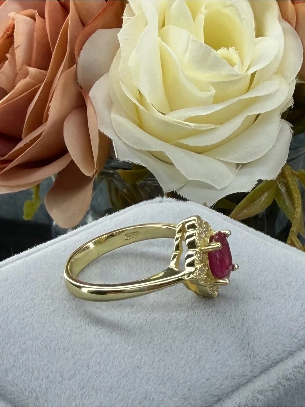 Stunning Natural 7x5mm Oval Ruby Zircon  accent in 14K Yellow GP Ring Size 6