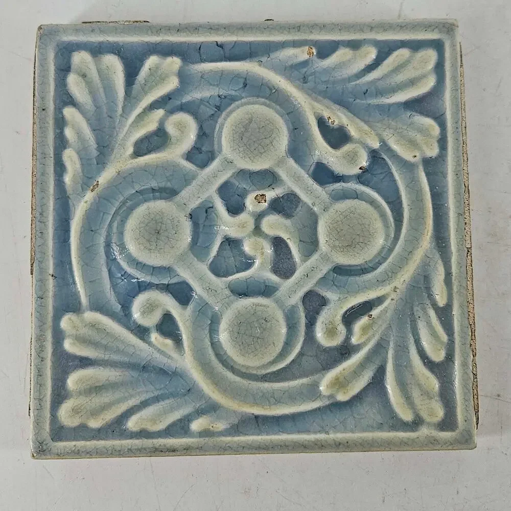 Antique Hamilton Tile Works Victorian pair of embossed tile tiles 4.25