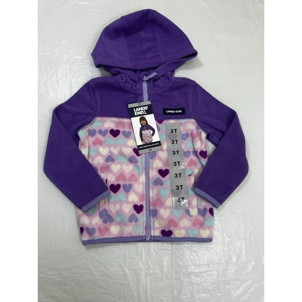 NEW Lands End Kids Fleece Long Sleeve Full Zip Jacket Purple Hearts sz 3T