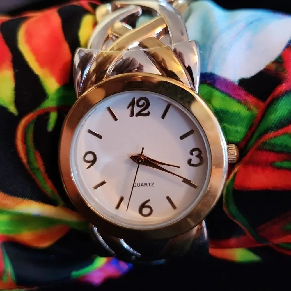 Easy Reader Quartz Watch 2 Tone Metal Cuff