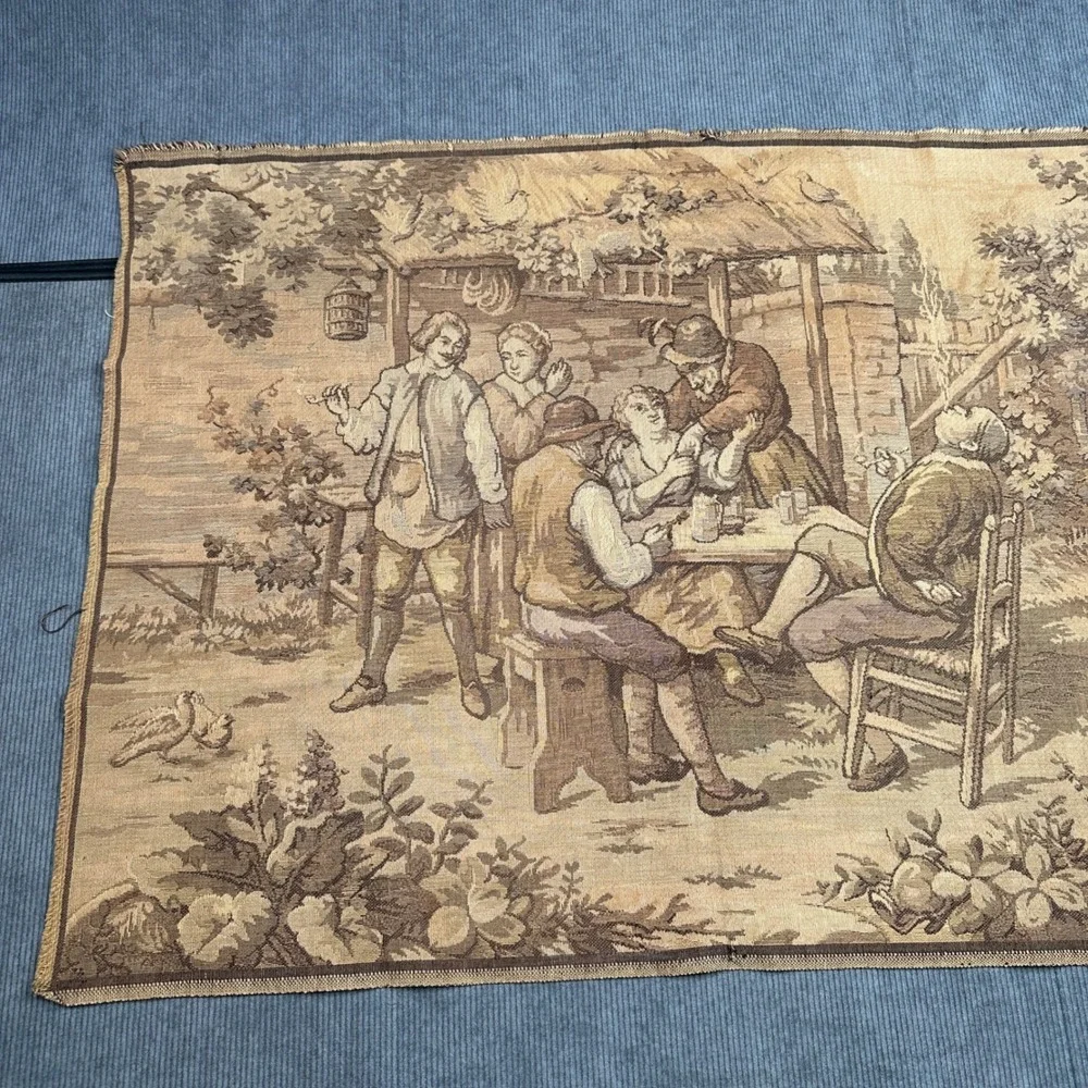 Vintage Made in Belgium Woven Wall Tapestry Tavern Scene European Textile Art