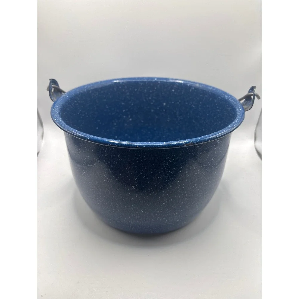 Vintage Blue Speckle Enamelware Pot Wire Bail Handle Graniteware Farmhouse Decor