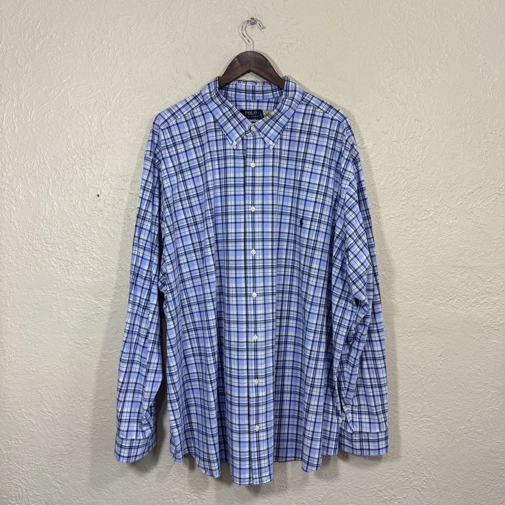 Polo Ralph Lauren‎ Dress Shirt 4XB Blue Plaid Stretch Tech Preppy Classic Career