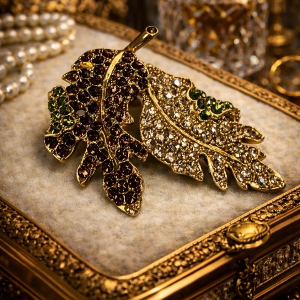 KJL Kenneth Jay Lane Vintage Jeweled Leaf Brooch Gold Tone Rhinestone Statement