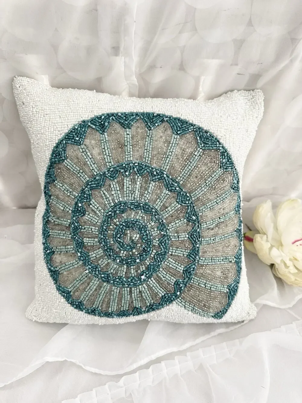 White GLASS  Beaded Accent Pillow Blue Shell Coastal Beach Teal Blue Square 12”